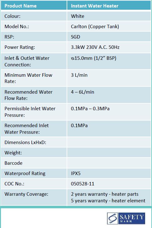 Champs Carlton Copper Tank Instant Water Heater - Domaco