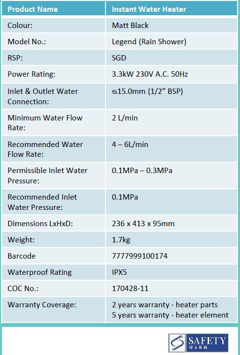 CHAMPS LEGEND INSTANT WATER HEATER WITH DC WATER BOOSTER PUMP & RAIN SHOWER (24000)<br>*Contact us for best price - Domaco