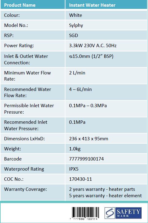 Champs Sylphy Instant Water Heater (White) - Domaco