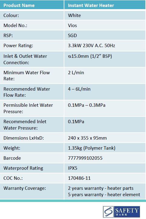 Champs Vios Instant Water Heater (White) - Domaco