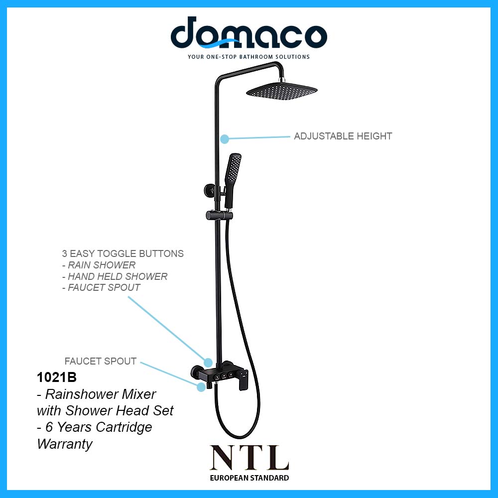 NTL Rain Shower Mixer with Hand Shower Head Set 1021B Matt Black domaco.com.sg