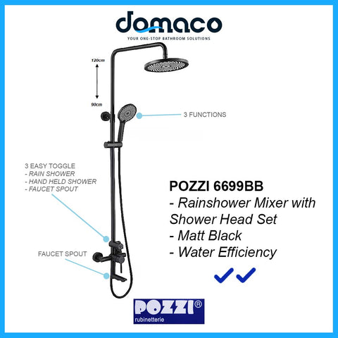 Pozzi 6699BB Matt Black Rain Shower Set with Hand Shower and Shower Mixer domaco.com.sg
