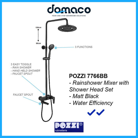 Pozzi 7766BB Matt Black Rain Shower Set with Hand Shower and Shower Mixer domaco.com.sg