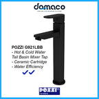 Pozzi G921LBB Matt Black Tall Basin Mixer Tap domaco.com.sg