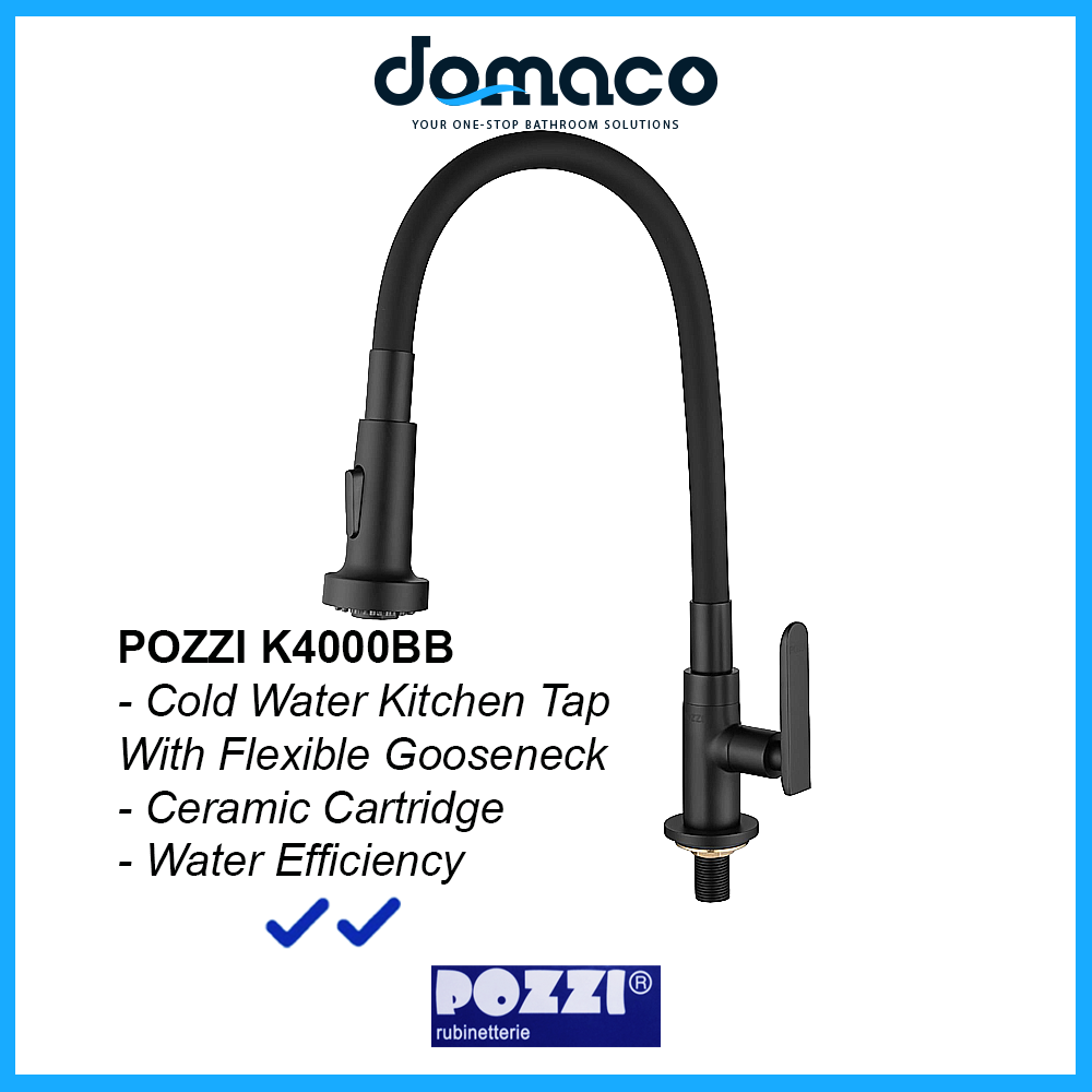 Pozzi K4000BB Matt Black With Flexible Gooseneck Kitchen Sink Tap domaco.com.sg