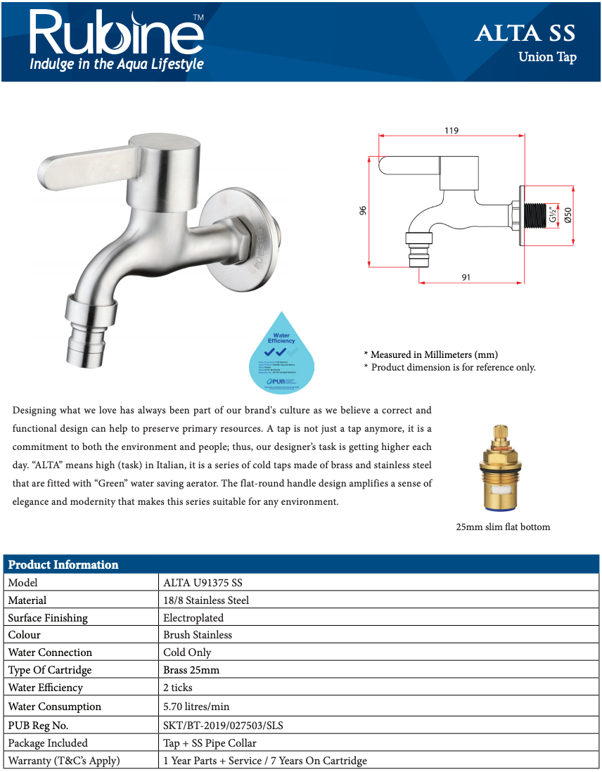 Rubine Alta U91375 SS Stainless Steel Bib Tap domaco.com.sg