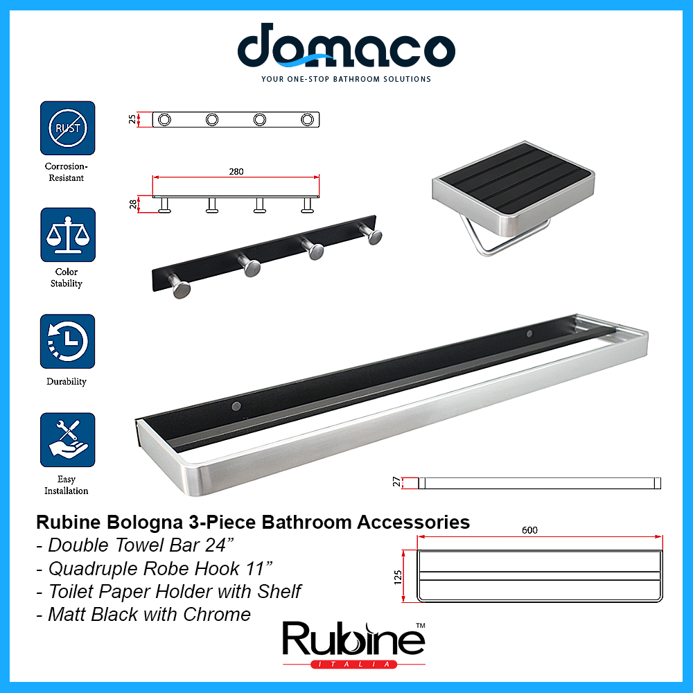 Rubine Bologna BO-3100-3 Matt Black with Chrome 3 Piece Bathroom Accessories Set domaco.com.sg