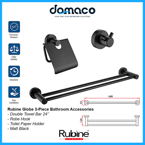 Rubine Globe GE-5200-3 Matt Black 3 Piece Bathroom Accessories Set – Domaco