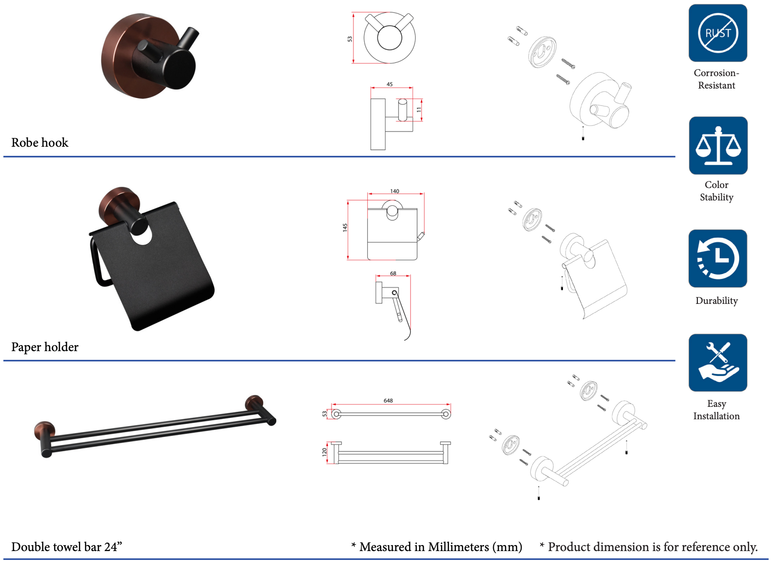 Rubine Globe GE-5200-3 Matt Black With Rose Gold 3 Piece Bathroom Accessories Set domaco.com.sg