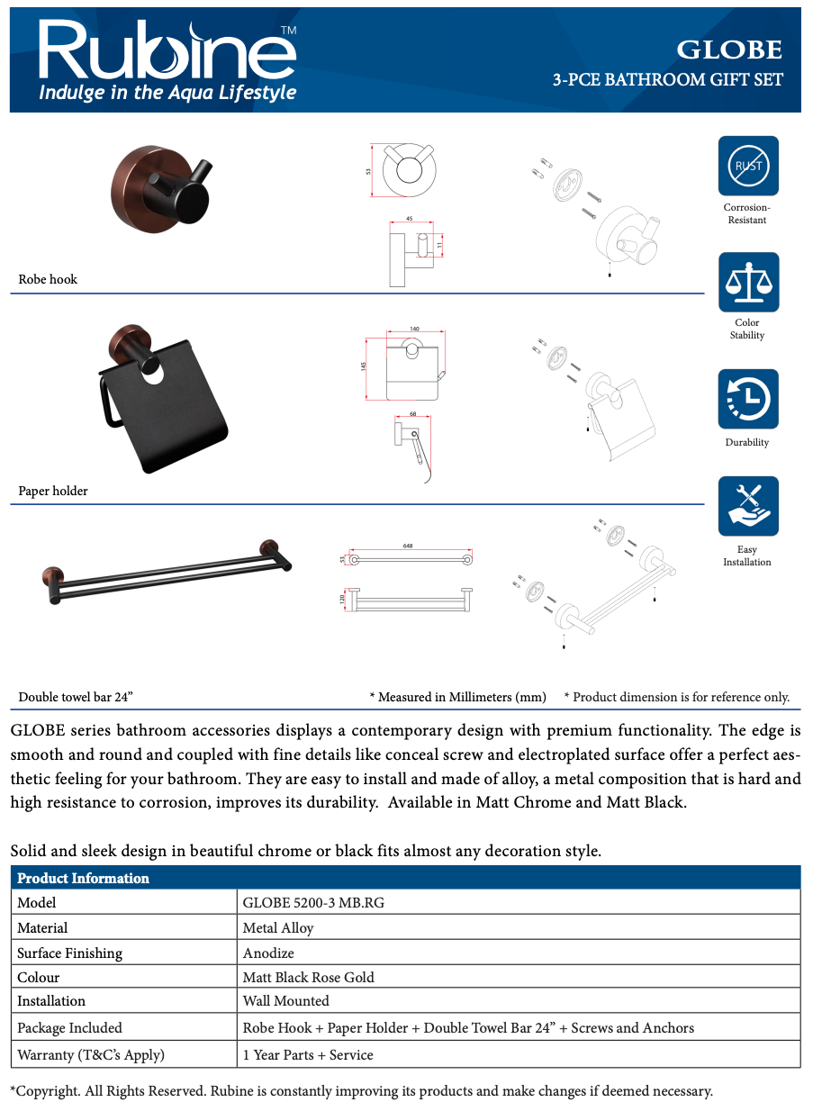 Rubine Globe GE-5200-3 Matt Black With Rose Gold 3 Piece Bathroom Accessories Set domaco.com.sg