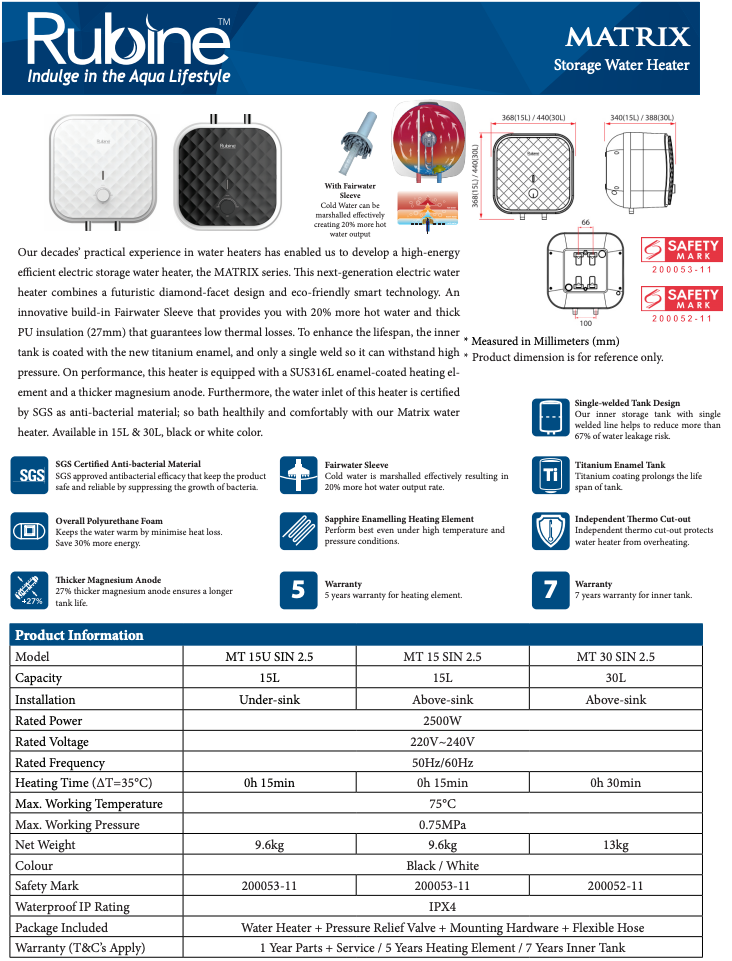 Rubine MT 30B Black Storage Heater 30L domaco.com.sg