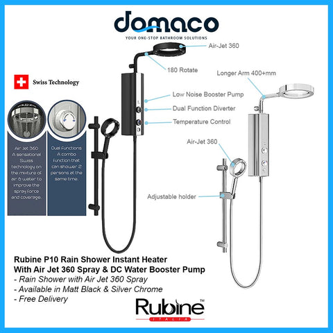 Rubine P10 Rain Shower Instant Heater With Air Jet 360 Spray & DC Water Booster Pump domaco.com.sg