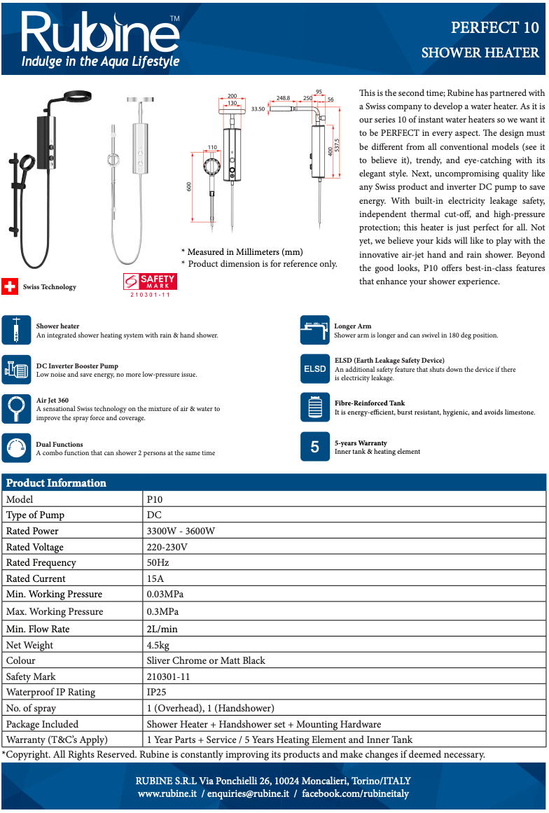Rubine P10 Rain Shower Instant Heater With Air Jet 360 Spray & DC Water Booster Pump domaco.com.sg