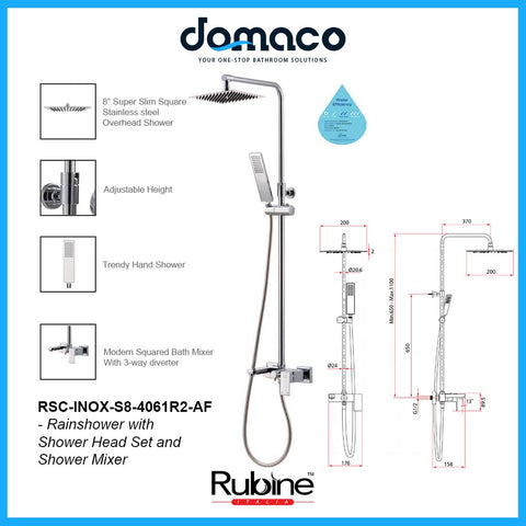 Rubine RSC-INOX-S8-4061R2-AF Rain Shower Set with Hand Shower and Shower Mixer domaco.com.sg