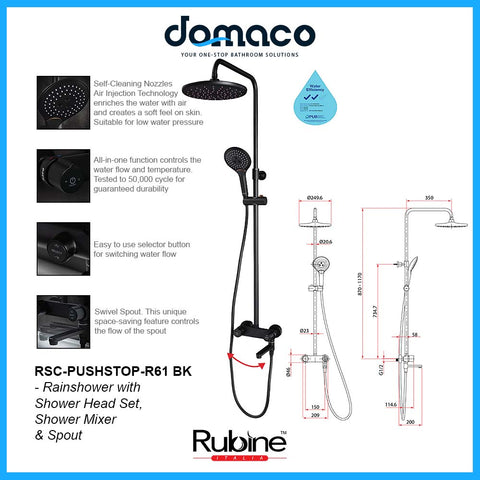 Rubine RSC-PUSHSTOP-R61-BK Rain Shower Set with Hand Shower and Shower Mixer in Matt Black domaco.com.sg