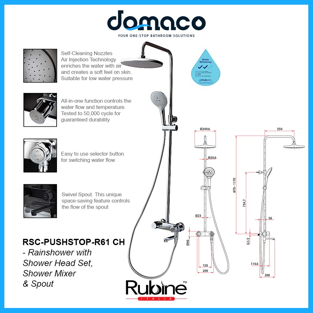 Rubine RSC-PUSHSTOP-R61-CH Rain Shower Set with Hand Shower and Shower Mixer in Chrome domaco.com.sg