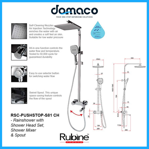 Rubine RSC-PUSHSTOP-S81-CH Rain Shower Set with Hand Shower and Shower Mixer in Chrome domaco.com.sg