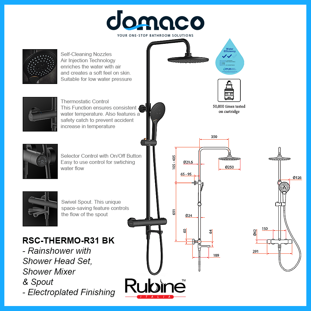 Rubine RSC-THERMO-R31-BK Rain Shower Set with Hand Shower and Shower Mixer in Matt Black (38800)<br>*Contact us for best price domaco.com.sg