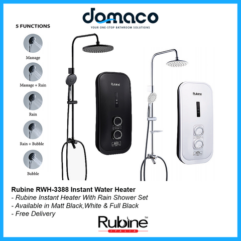 Rubine RWH-3388 in Matt Black White or Full Black Edition Instant Water Heater With DC Water Booster Pump & Rain Shower domaco.com.sg