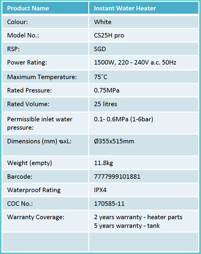 Champs CS25H Storage Heater domaco.com.sg