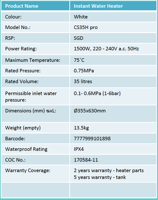 Champs CS35H Storage Heater domaco.com.sg