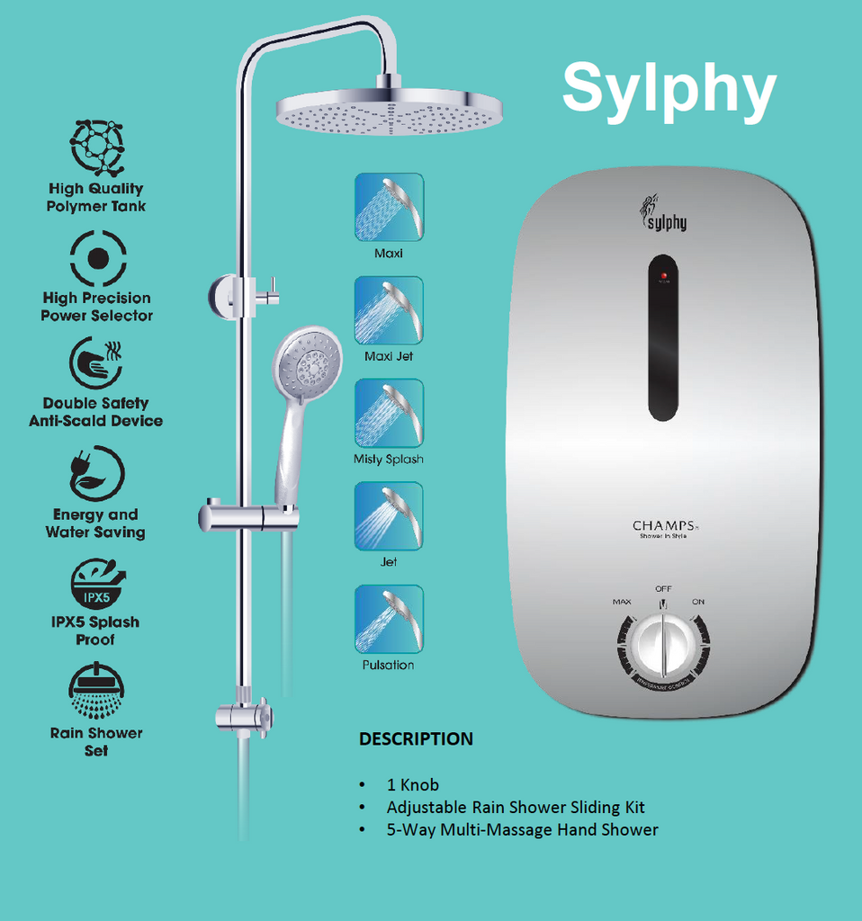 Champs Sylphy Rain Shower Instant Water Heater domaco.com.sg