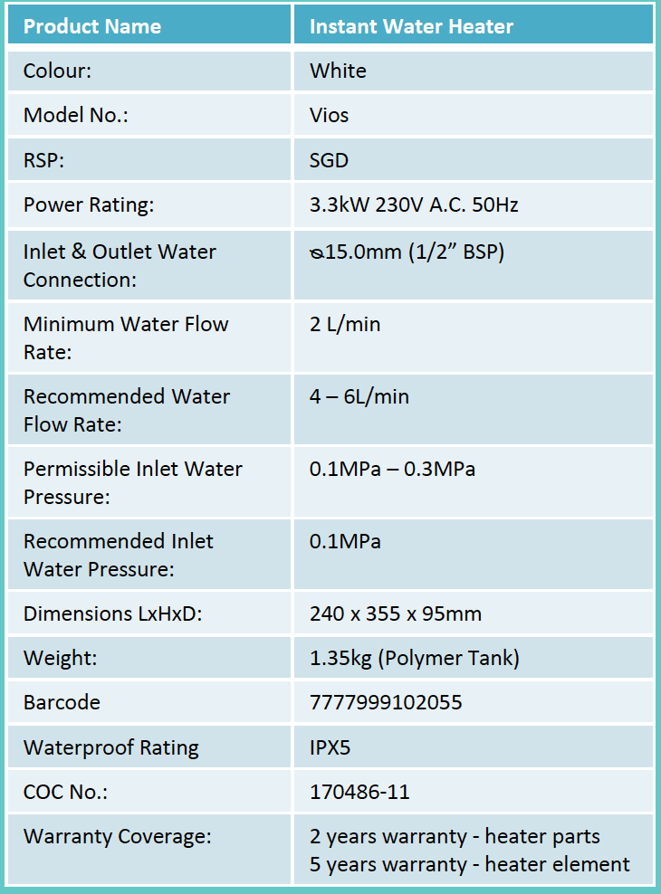 Champs Vios Instant Heater domaco.com.sg