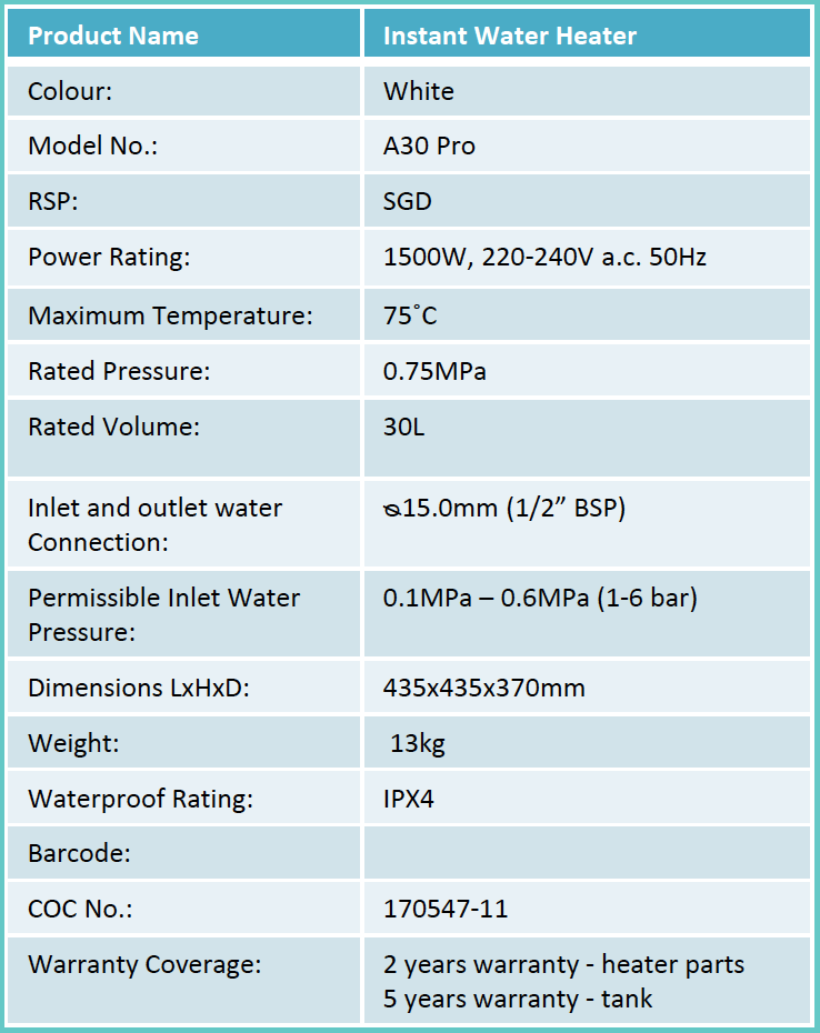 Storage Heater with Round Rain Shower and Shower Mixer Tap Package - 30L domaco.com.sg