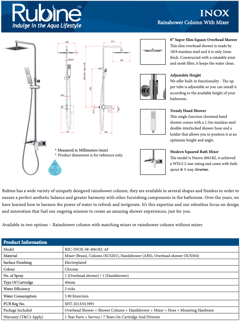 Rubine RSC-INOX-S8-4061R2-AF Rain Shower Set with Hand Shower and Shower Mixer