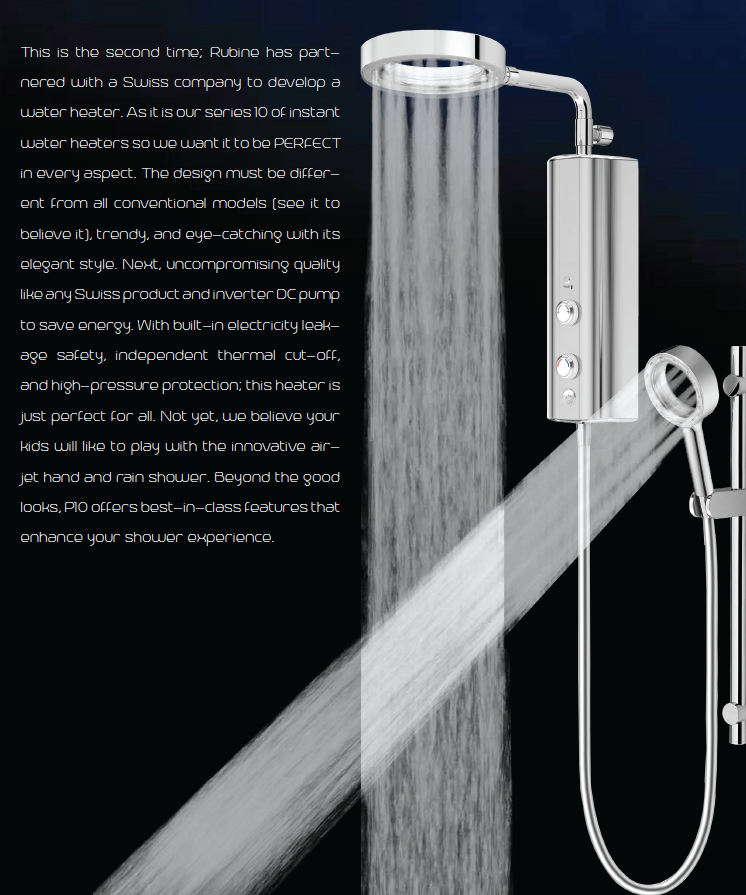 Rubine P10 Rain Shower Instant Heater With Air Jet 360 Spray & DC Water Booster Pump domaco.com.sg