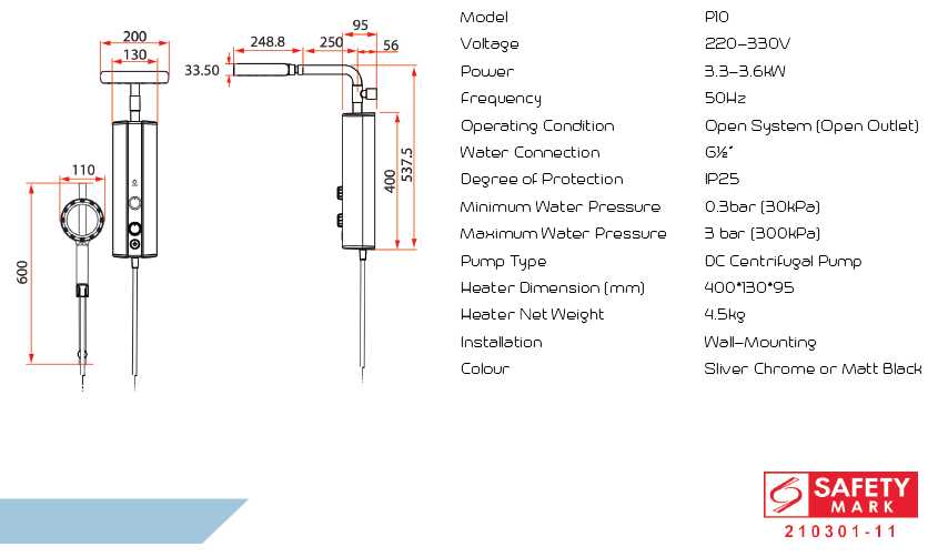 Rubine P10 Rain Shower Instant Heater With Air Jet 360 Spray & DC Water Booster Pump domaco.com.sg