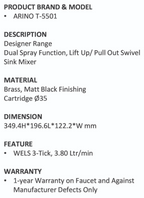 Arino T-5501 Matt Black Pull Out Kitchen Sink Mixer Tap domaco.com.sg