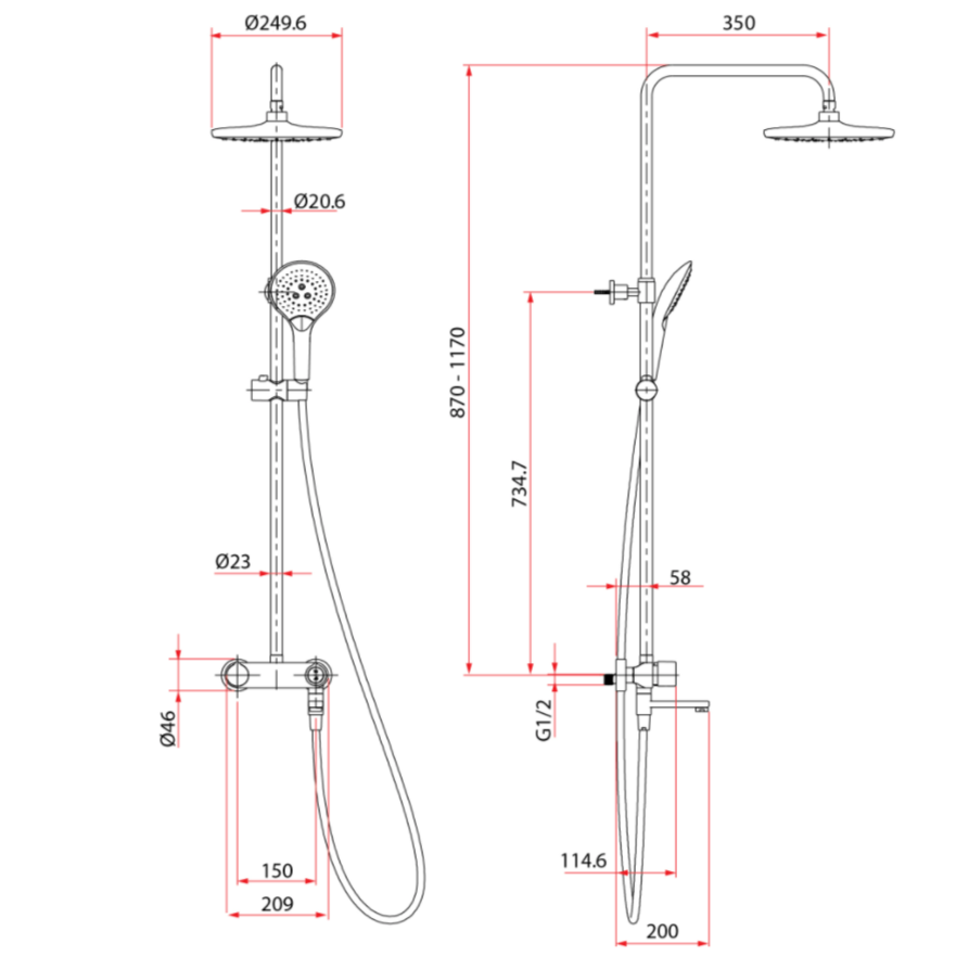Rubine RSC-PUSHSTOP-R61-BK Rain Shower Set with Hand Shower and Shower Mixer in Matt Black domaco.com.sg
