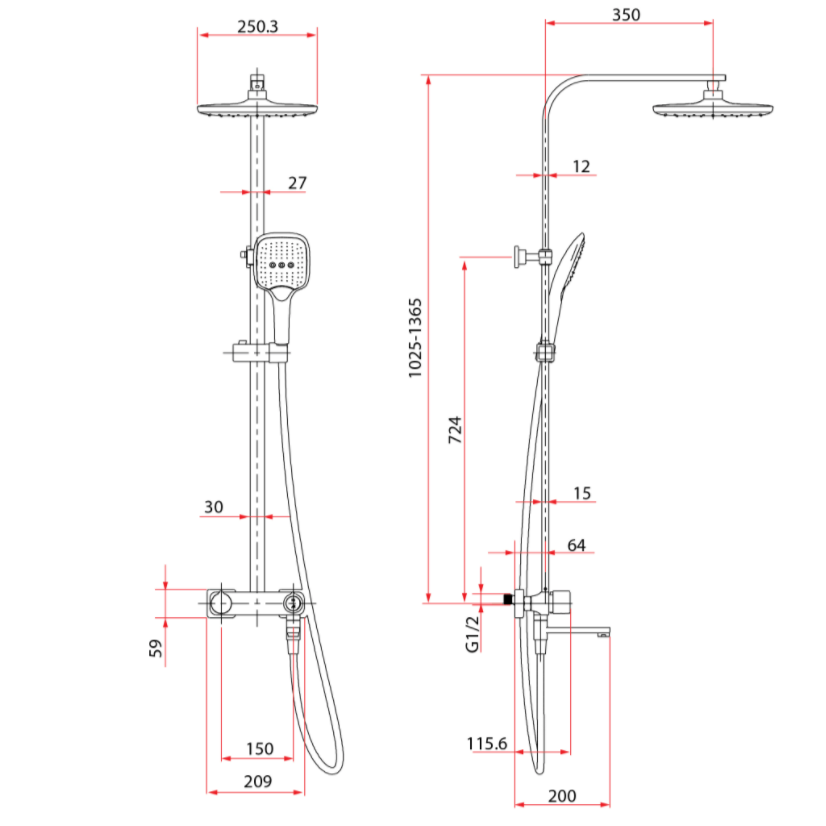 Rubine RSC-PUSHSTOP-S81-CH Rain Shower Set with Hand Shower and Shower Mixer in Chrome domaco.com.sg