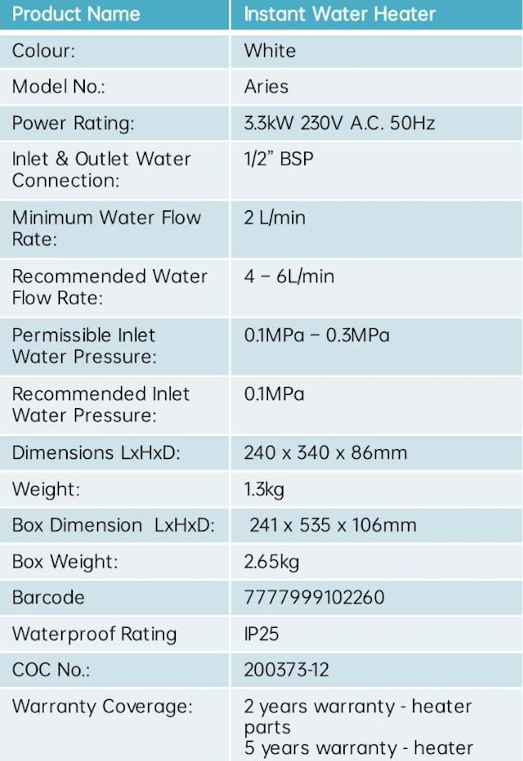 Champs Aries Instant Water Heater domaco.com.sg