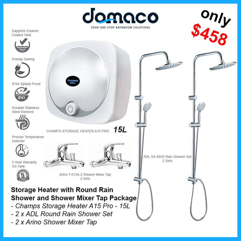 Storage Heater with Round Rain Shower and Shower Mixer Tap Package - 15L domaco.com.sg