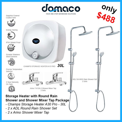 Storage Heater with Round Rain Shower and Shower Mixer Tap Package - 30L domaco.com.sg