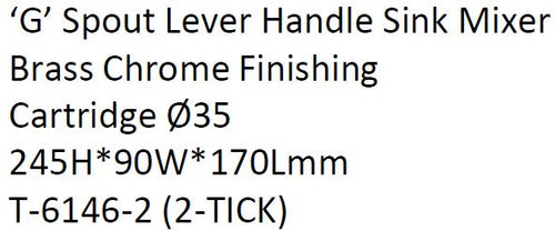ARINO T-6146-2 'G' SPOUT SINGLE LEVER HANDLE SINK MIXER TAP - Domaco