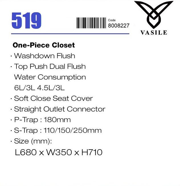 Vasile V519 1-Piece Toilet Bowl domaco.com.sg