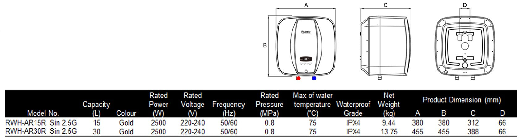 Rubine Arch Remote Series ELECTRIC STORAGE WATER HEATER With LED Display Screen & Remote Control <br>*Contact us for best price - Domaco