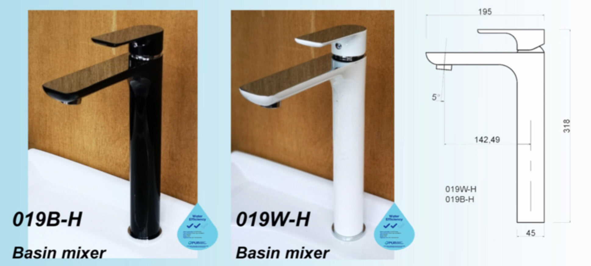Mayfair 019B-H or 019W-H Basin Mixer Tap (Black or White) (15800)<br>*Contact us for best price - Domaco