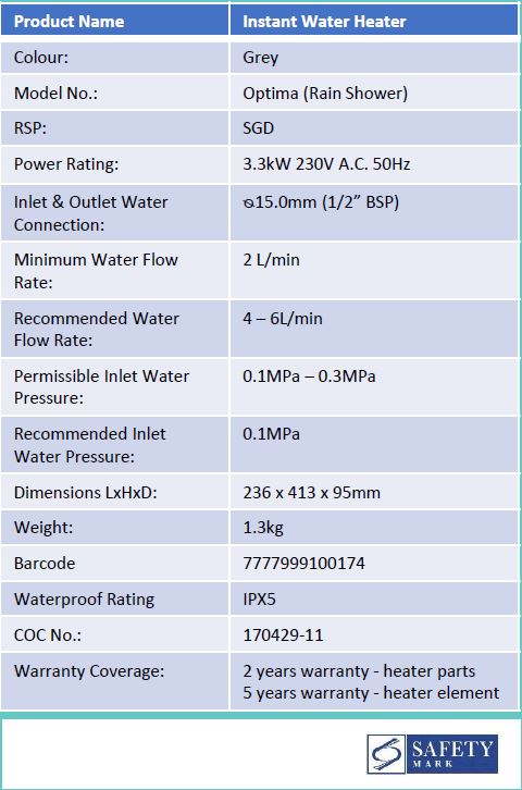 Champs Optima Rain Shower Instant Water Heater - Domaco