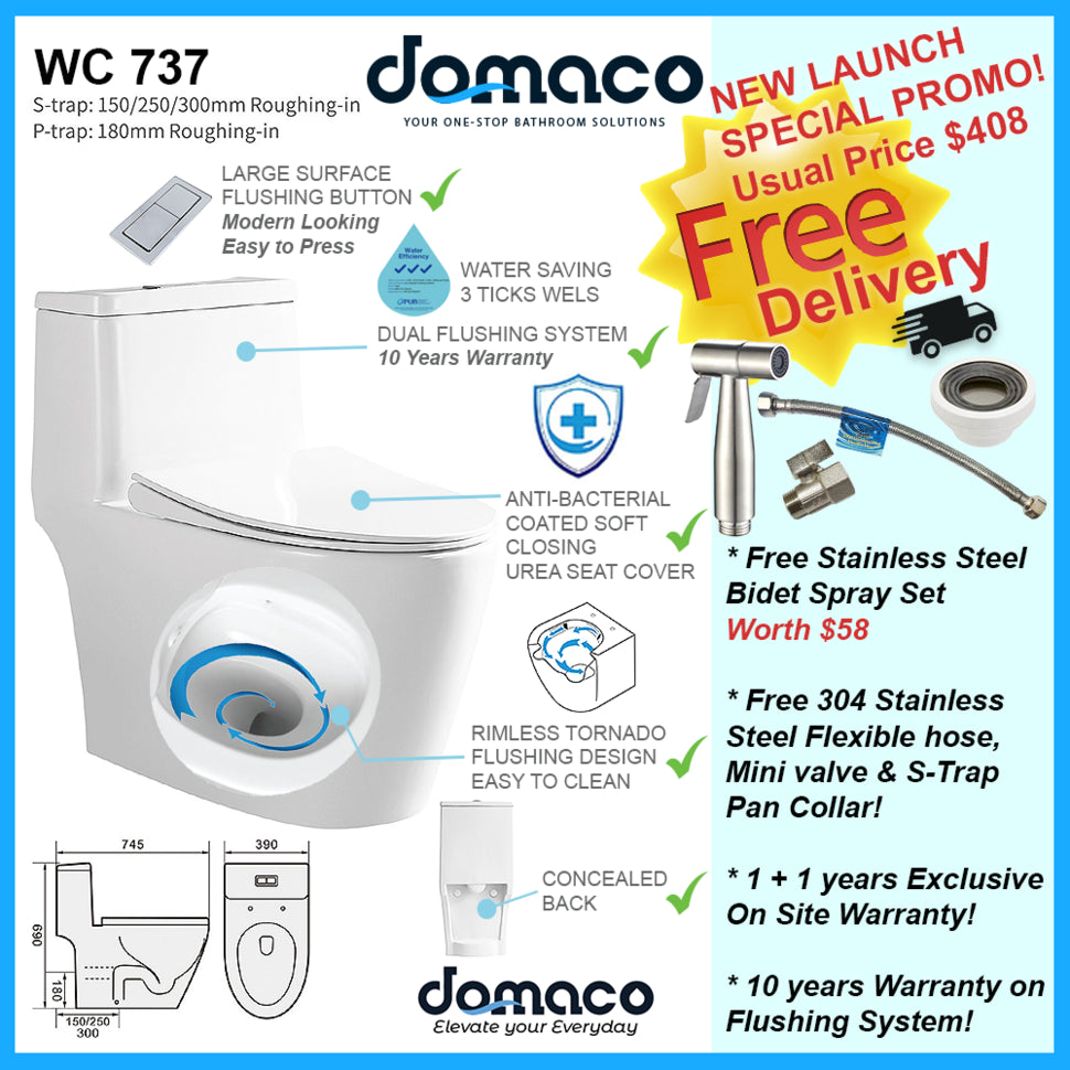 Domaco 737 Rimless Turbo Tornado Flush 1-Piece Toilet Bowl Domaco.com.sg